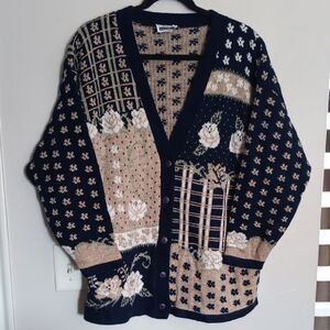 Blue and Tan Classic Knit Cardigan Sweater. #117